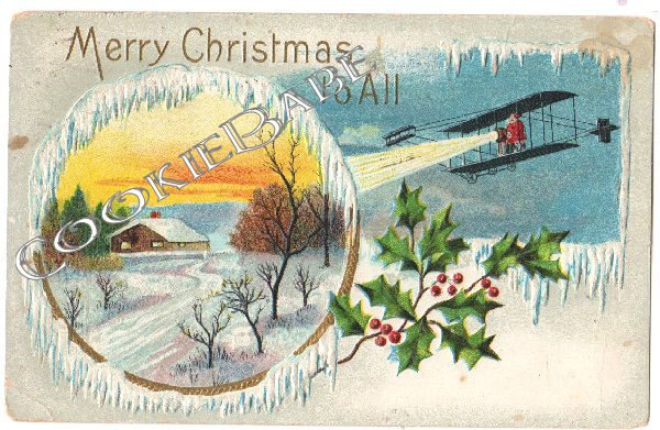 1910 Old Christmas Postcard: Santa Comes on Biplane F33