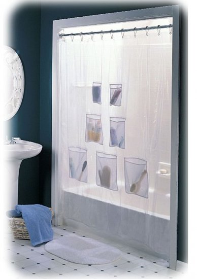 NEW! CLEAR VINYL SHOWER CURTAIN with MESH POCKETS