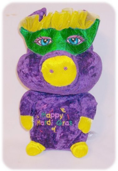 MARDI GRAS: Velvety PURPLE PIG IN MASK Plush Souvenir