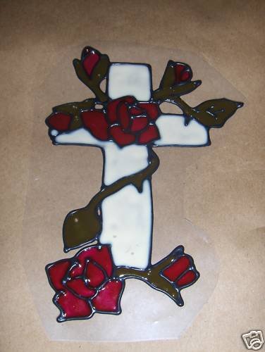 Happy Easter Cross With Roses Faux Stained Window Cling