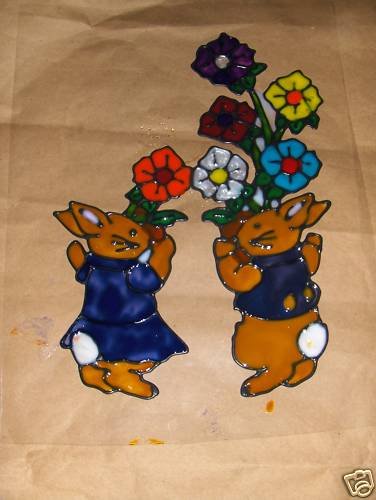 Bunnies Carring Flowers Faux Stained Window Cling