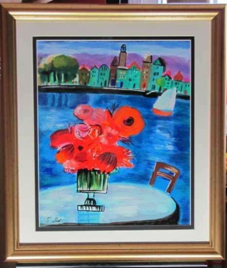 SHLOMO ALTER RED FLOWERS Jewish Vase park lake view HS#
