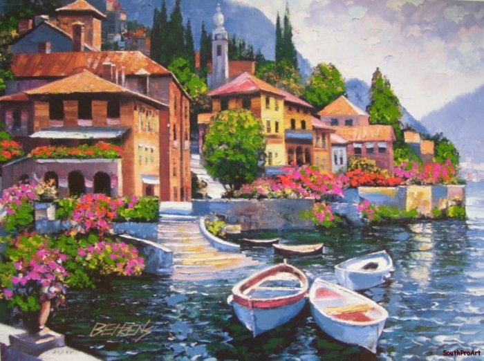 LAKE COMO HOWARD BEHRENS EMBELLISHD CANVAS Boat Italy