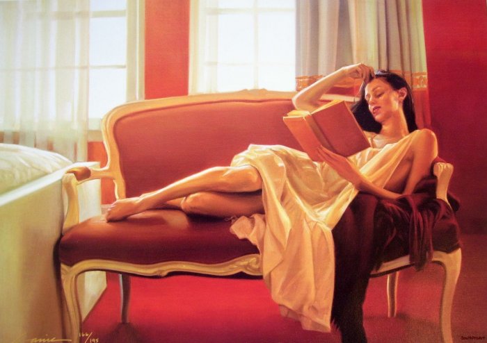 CARRIE GRABER~RECLINING READ~nude book sexy HS# CANVAS