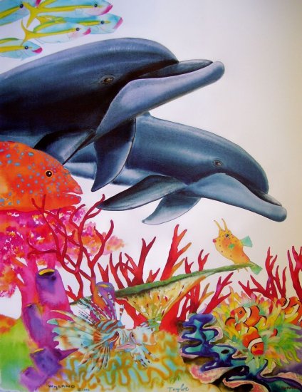 WYLAND~SEA OF COLOR~DOLPHIN lion fish HS&# CANVAS COA