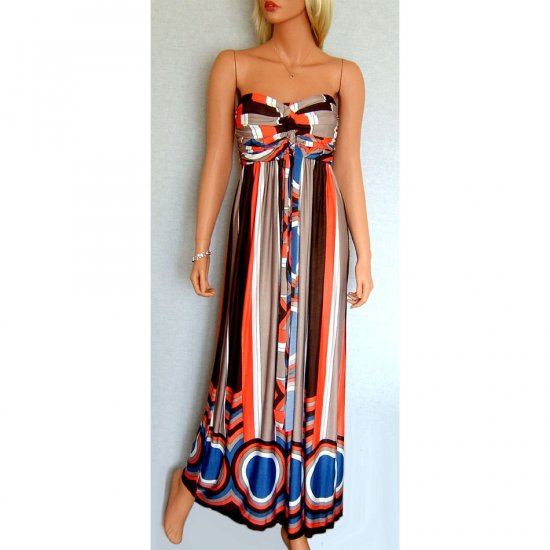 STRAPLESS 70's WHITE BLUE RETRO SUMMER BEACH MAXI DRESS UK SIZE 8-10, US SIZE 4-6