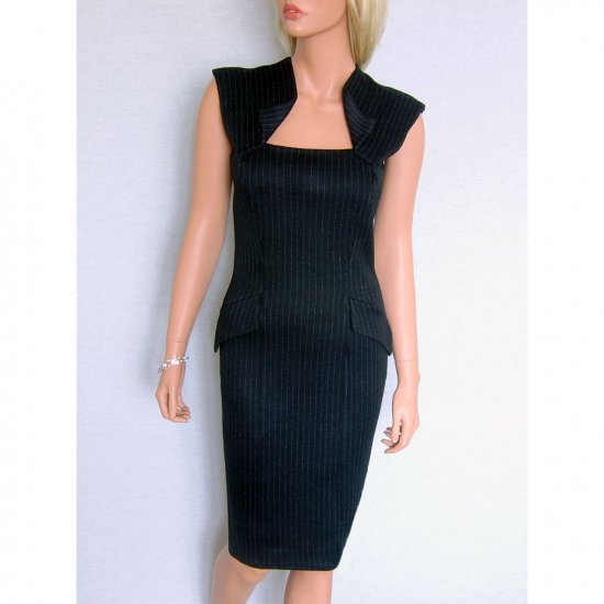 BLACK PINSTRIPE BODYCON JERSEY PENCIL OFFICE BUSINESS SHIFT WORK DRESS UK SIZE 16, US SIZE 12