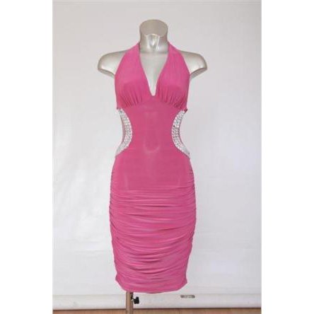 CERISE PINK BACKLESS JEWEL HALTERNECK EVENING MINI CLUBWEAR BODYCON PARTY DRESS UK 12-14, US 8-10