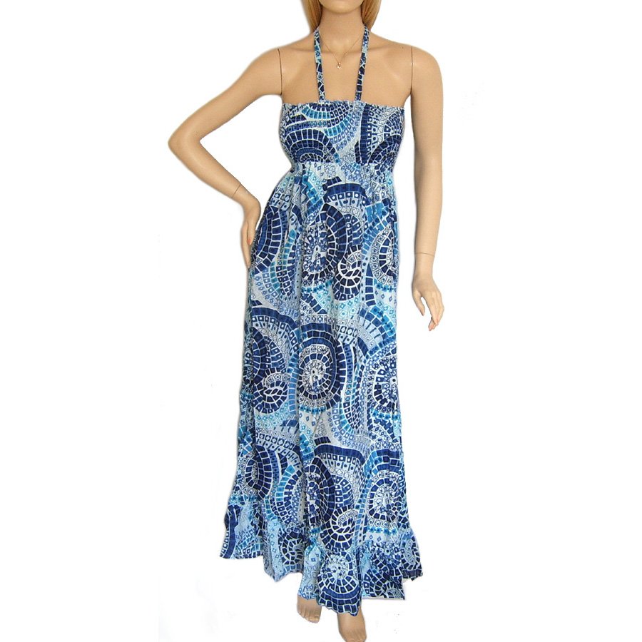 BLUE WHITE COTTON HALTERNECK LONG SUMMER MAXI DRESS US SIZE 12, UK SIZE 16