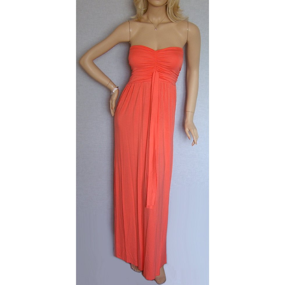 PEACH ORANGE GRECIAN LONG BOHO STRAPLESS JERSEY SUMMER MAXI BEACH HOLIDAY DRESS, UK 12-14, US 8-10