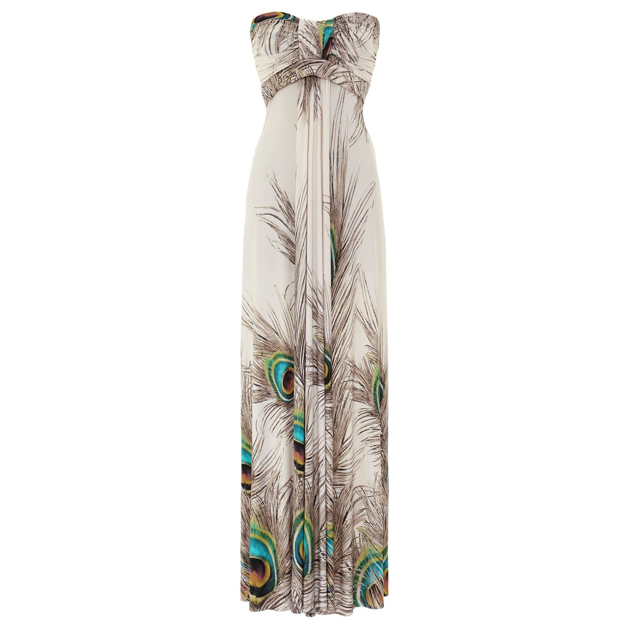 WOMENS LADIES PEACOCK PRINT STRAPLESS LONG SUMMER EVENING HOLIDAY BEACH MAXI DRESS UK 8-10, US 4-6