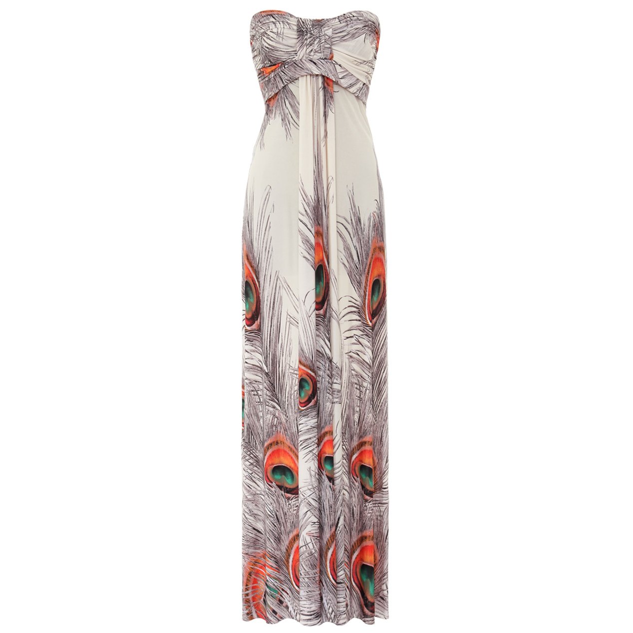 WOMENS WHITE ORANGE PEACOCK PRINT LONG SUMMER EVENING HOLIDAY BEACH MAXI DRESS UK 8-10, US 4-6