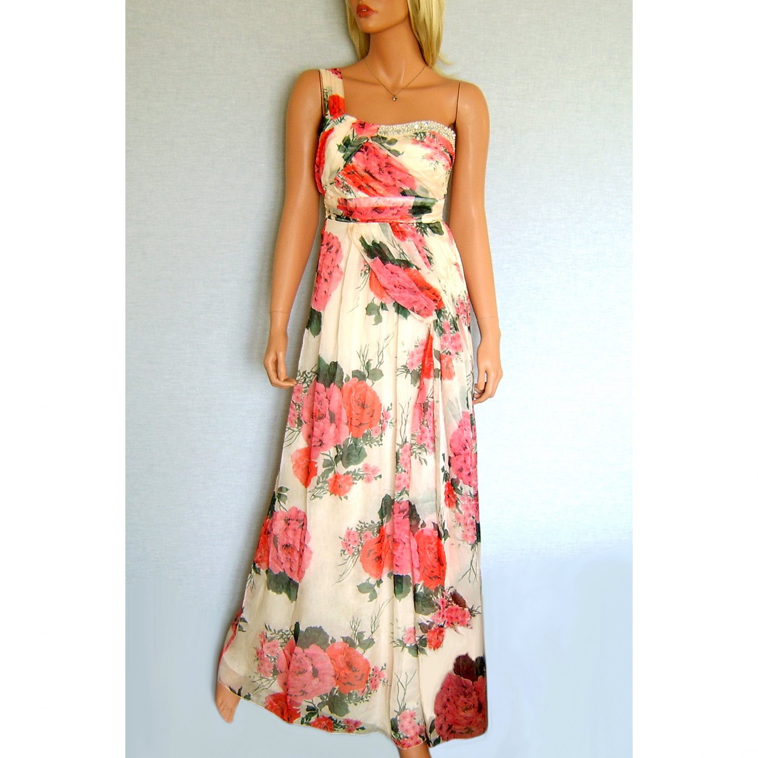 WOMENS LONG CHIFFON JEWEL PEARL BEADED FLORAL SUMMER EVENING PARTY PROM GOWN MAXI DRESS UK 10, US 6
