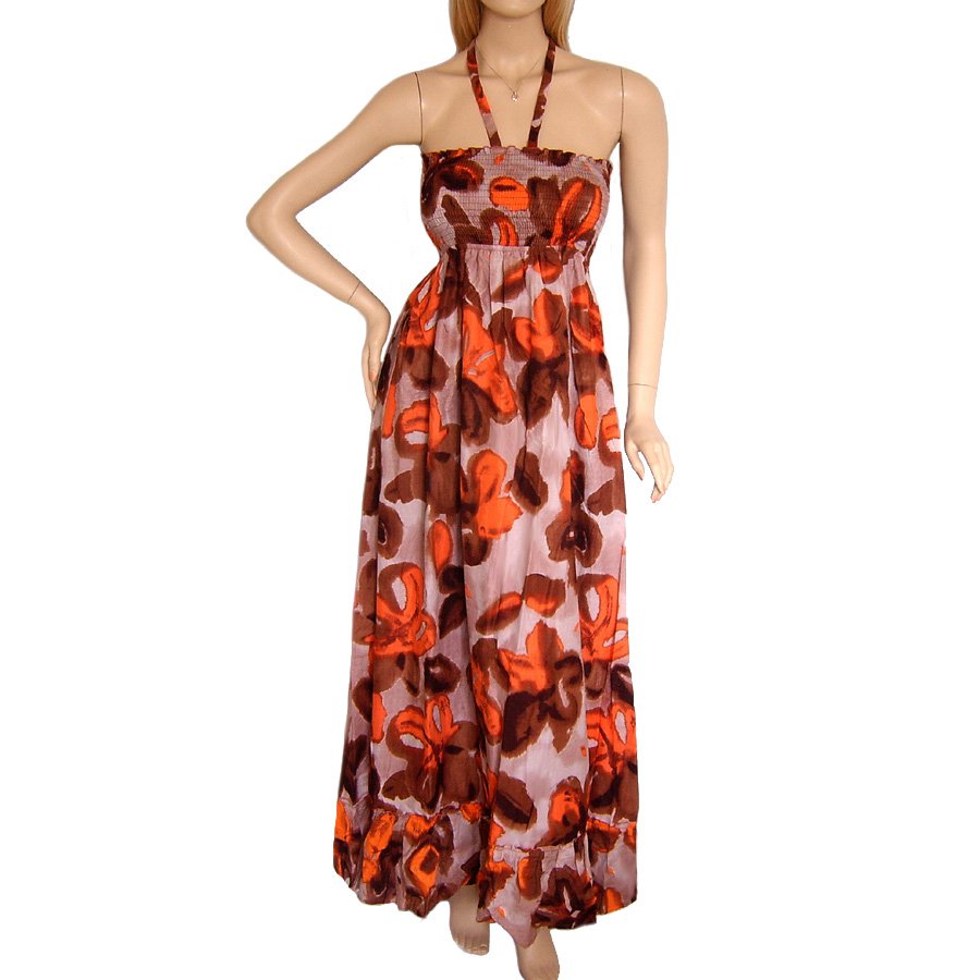 ORANGE & BROWN FLORAL HALTERNECK SUMMER MAXI DRESS UK SIZE 14, US SIZE 10