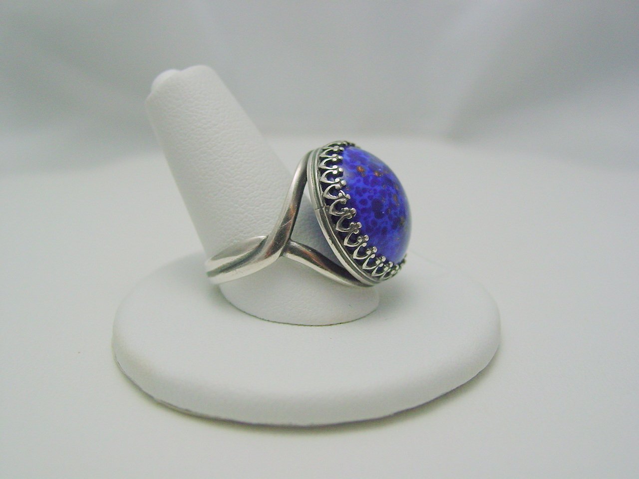 Lapis Blue Glass Cabochon Crown Style Antique Silver Ring