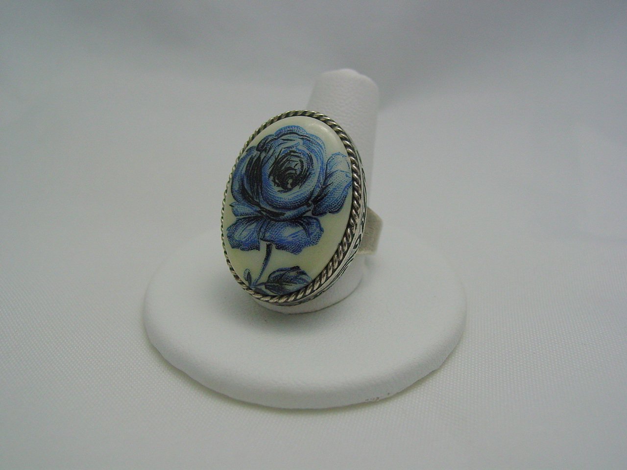 Blue Floral Czech Glass Cabochon Antique Silver Ring