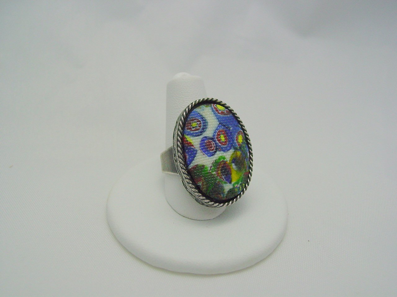 Venetian Millefiori Design Czech Glass Cabochon Antique Silver Ring