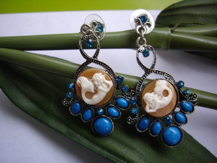blue diamond turquoise stone with mermaid cameo earring