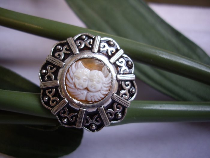 handcraft geniune shell cherubs cameo vintage ring