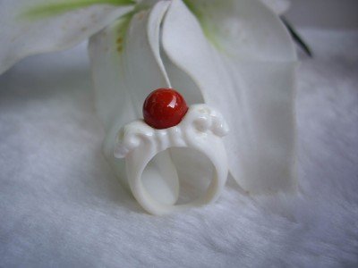 hand carve real shell with red coral bead ring