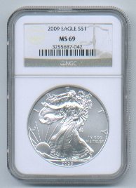 2009 American Silver Eagle NGC MS69 Brown/Gold Label Wholesale Priced