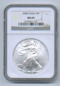 2008 American Silver Eagle NGC MS69 Brown/Gold Label Wholesale Priced