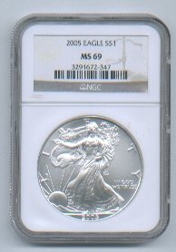2005 American Silver Eagle NGC MS69 Brown/Gold Label Wholesale Priced