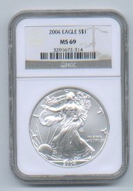 2004 American Silver Eagle NGC MS69 Brown/Gold Label Wholesale Priced