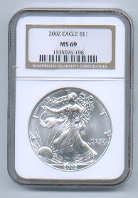 2002 American Silver Eagle NGC MS69 Brown/Gold Label Wholesale Priced