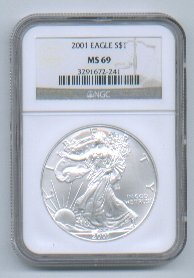2001 American Silver Eagle NGC MS69 Brown/Gold Label Wholesale Priced