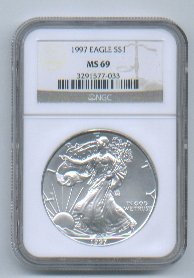 1997 American Silver Eagle NGC MS69 Brown/Gold Label Wholesale Priced