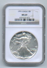 1991 American Silver Eagle NGC MS69 Brown/Gold Label Wholesale Priced