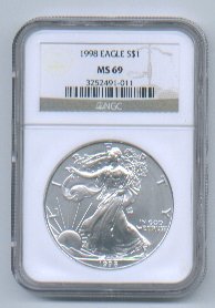 1998 American Silver Eagle NGC MS69 Brown/Gold Label Wholesale Priced