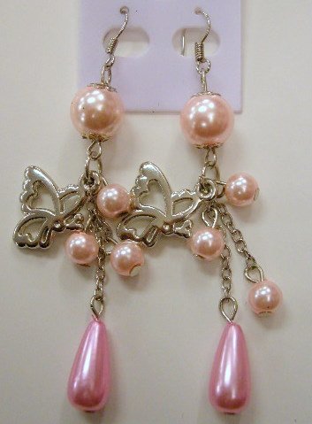 Butterfly dangle pink pearl earrings