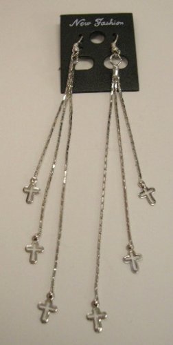 Long dangle earrings silver tone cross charms