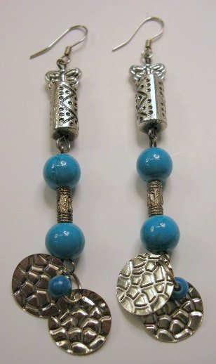 Silver beads butterfly charm and turquoise tone bead earrings