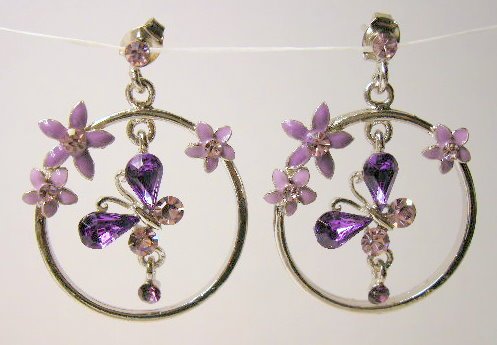Amethyst tone butterfly silver hoop earrings
