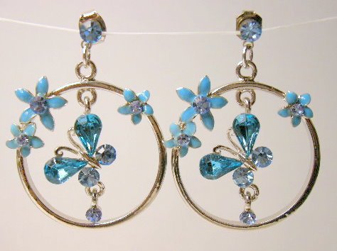 Blue Aquamarine cz butterfly earrings silver hoop