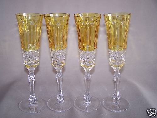 AJKA Crystal Shelley Yellow Champagne Flute Set/4 New