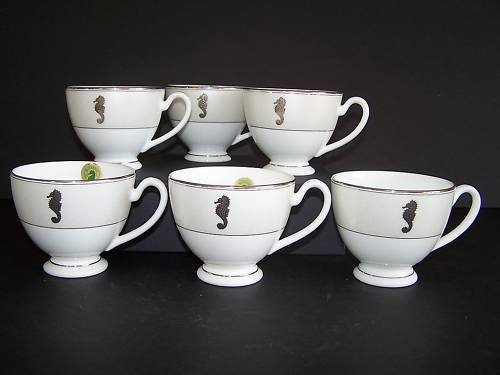 WATERFORD Fine China Sea Horse Ivory Tea Cups Set/6 New