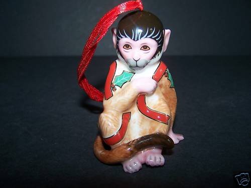 LYNN CHASE Christmas Monkey Porcelain Ornament NIB