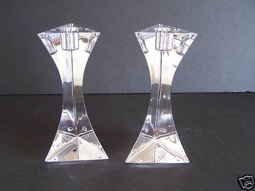 ORREFORS Crystal Triangle Candlestick Holders Set/2 NIB