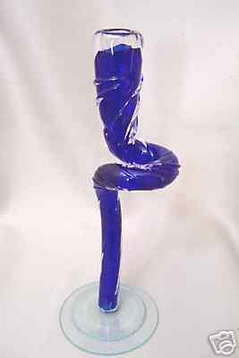 Berni Art Glass Curved Blue Taper Candle Holder New