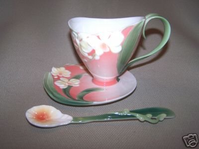 FRANZ Porcelain Winter Moth Orchid Cup Saucer Spoon New