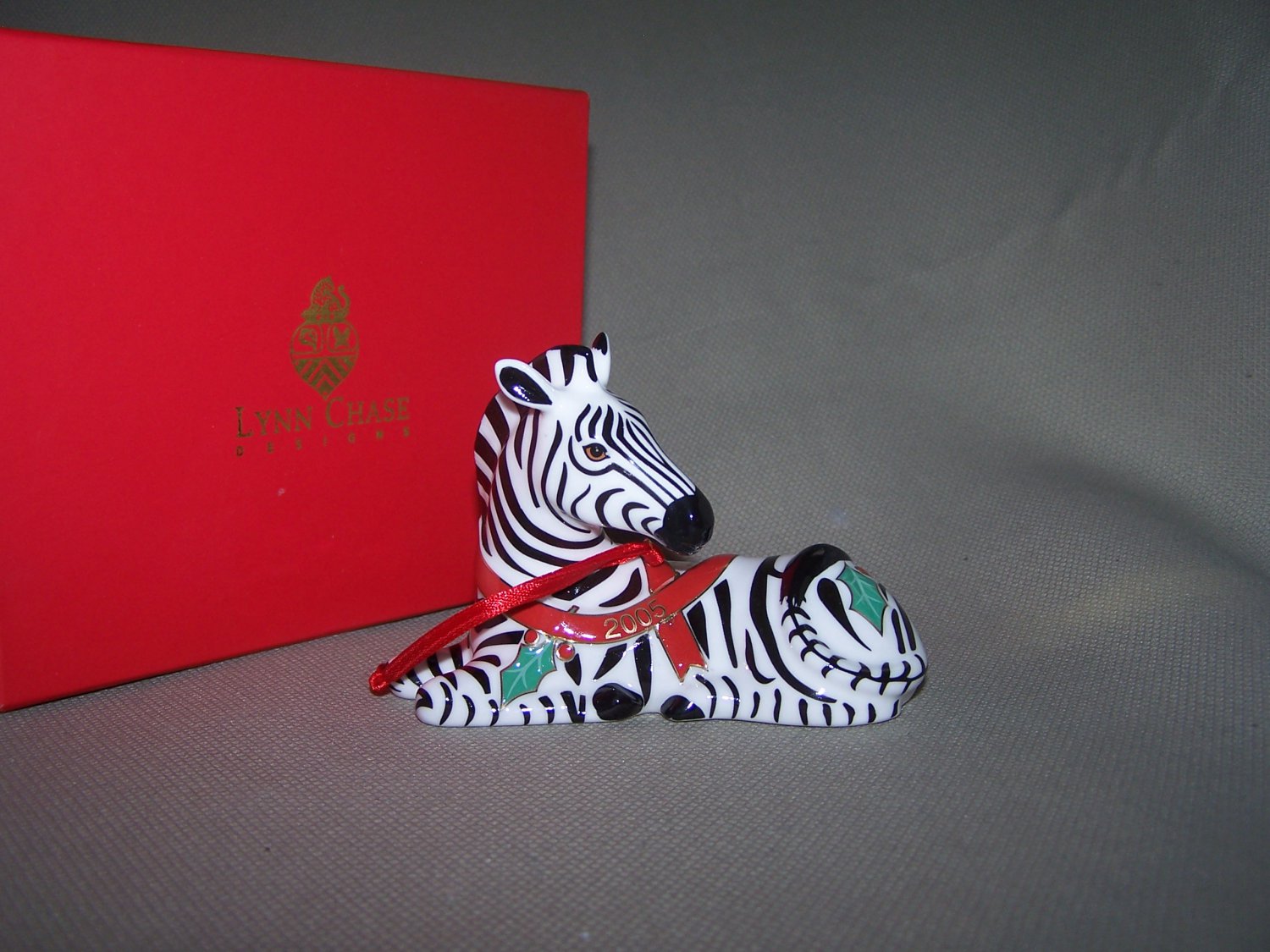 LYNN CHASE Christmas Zebra Porcelain Ornament NIB