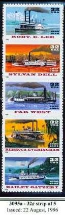 Scott #3095a River Boats strip of 5 x 32¢