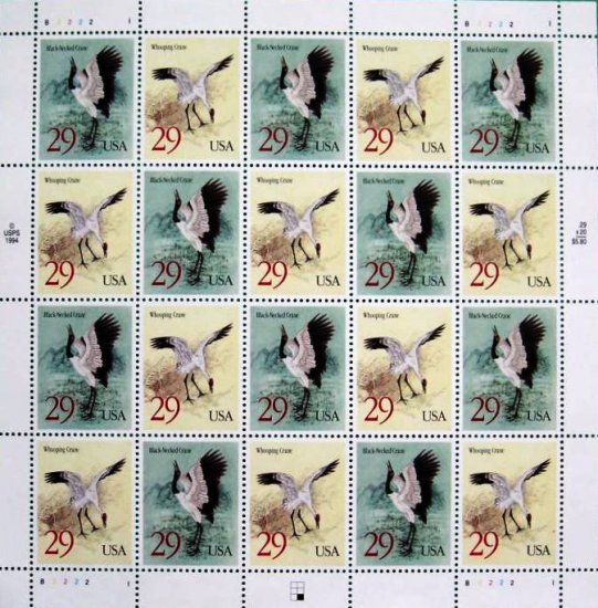 Scott #2867 Black-necked Crane & Scott #2868 Whooping Crane sheet stamp 20 x 29¢