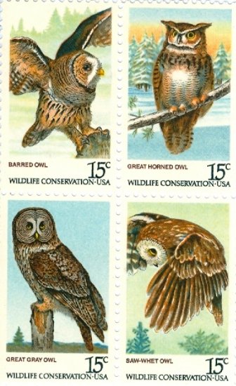Scott #1760 , Scott 1761, Scott 1762, Scott #1763 American Owls stamp block of 4 x 15¢