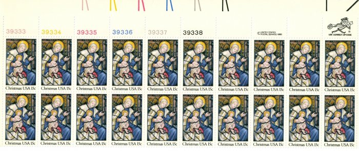 Scott # 1842 Christmas 1980 stamp plate block 20 x 15¢