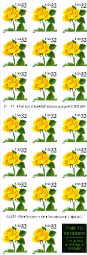 Scott #3054 Yellow Rose booklet stamp 1996 - Self-adhesive Booklet stamp pane of 20 x 32¢